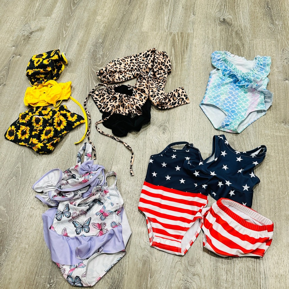 Kids Toddler Baby Girl Swimsuit Lot Sunflower Mermaid Butterfly Patriotic 5pc